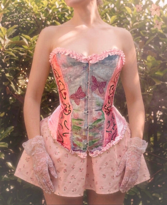 A person outdoors wearing a strapless corset-style top with ruffled trim, a flared skirt, and lace gloves. The garment has a multicolor butterfly and floral print with pink and coral tones, photographed against leafy greenery. Fairycore