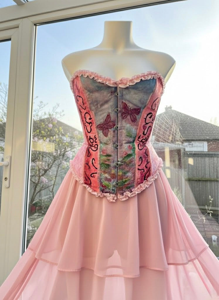 hand-painted pink and blue bustier by Closet Albita. The Y2K and Barbiecore inspired top features hand-painted butterflies, contrasting pink panels, and ruffle details