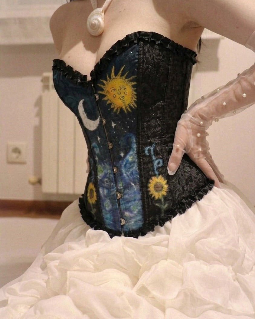 The Starry Night Corset | Hand-Painted Sun, Moon & Sunflower Top