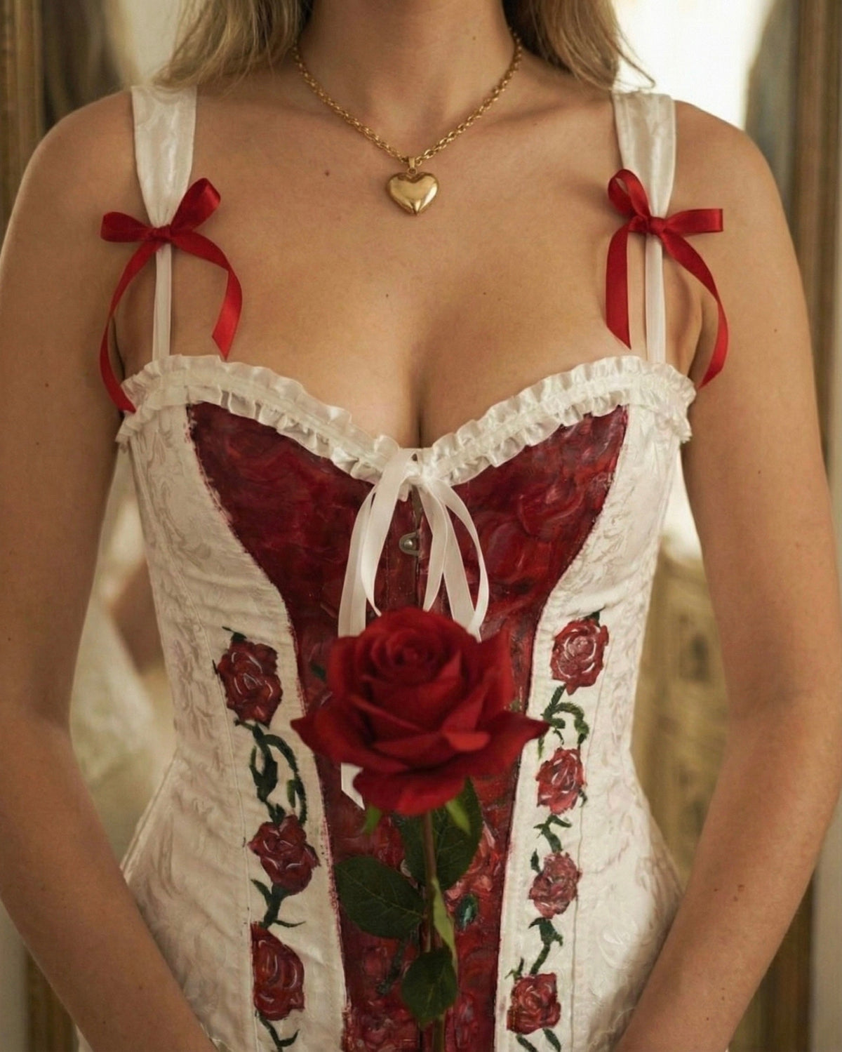 A close-up of a woman wearing a white and deep red lace corset-style lingerie top with red ribbon shoulder ties, a red rose at the center, and embroidered red roses along the front, against a softly blurred indoor background.